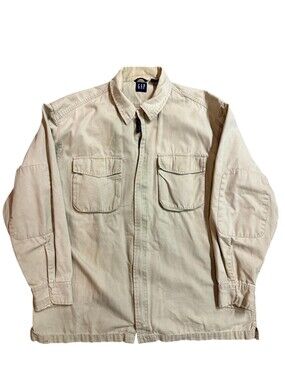 Gap Jacket Mens Large Beige Canvas Military Full Zip Utility Pockets Workwear